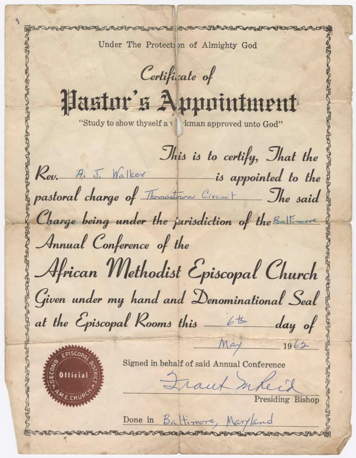Certificate of Pastor's Appointment, Reverend A.J. Walker
