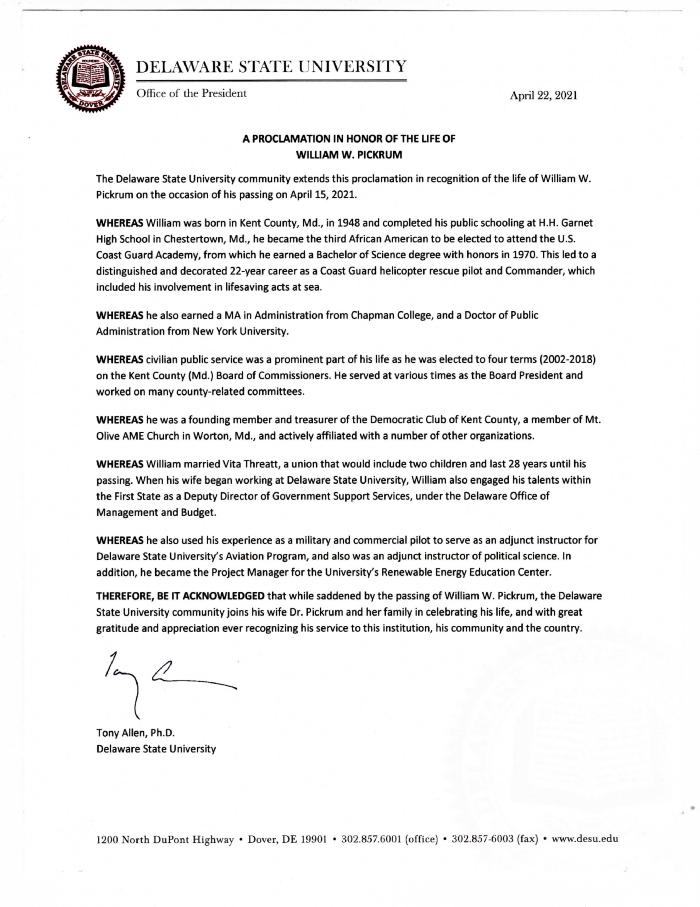 "A Proclamation in Honor of the Life of William W. Pickrum"