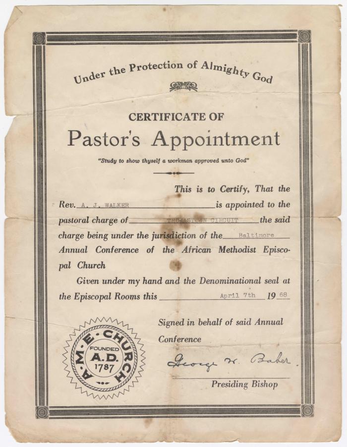 Certificate of Pastor's Appointment, A.J. Walker, April 7, 1968