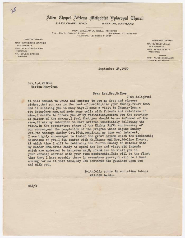 Letter: Reverend William A. Bell to Reverend A.J. Walker, September 23, 1960