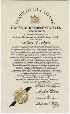Delaware House of Representatives memorial for William Pickrum