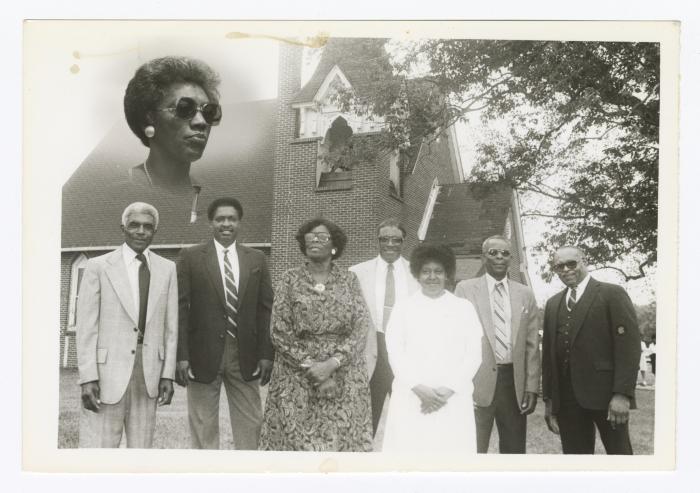 Fountain United Methodist Church in Big Woods, MD with a superimposed photo on church of Mrs. Anna Brown