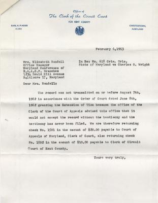 Letter regarding appeal