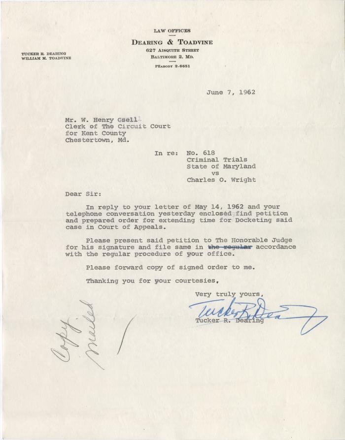 Letter regarding appeal