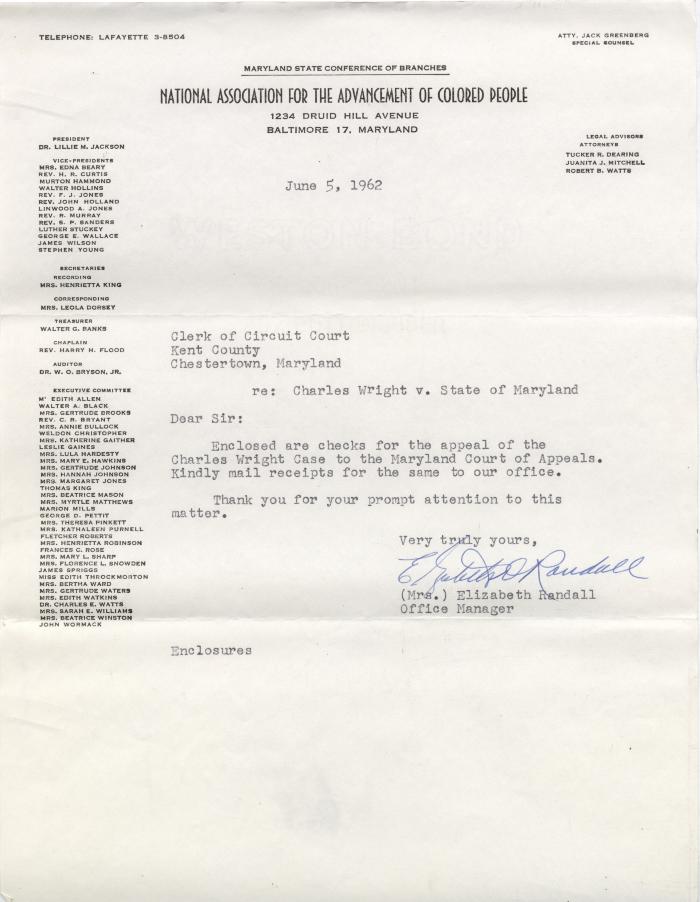 Letter regarding appeal