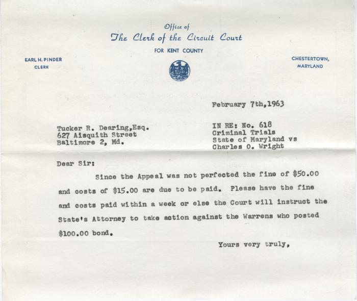 Letter regarding appeal