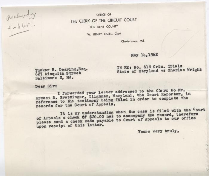 Letter regarding appeal