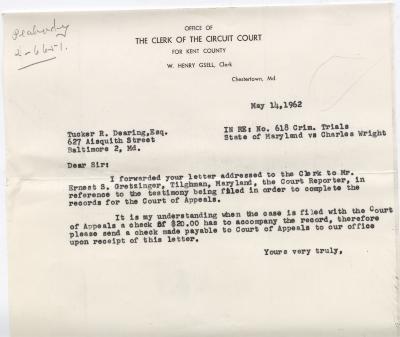 Letter regarding appeal