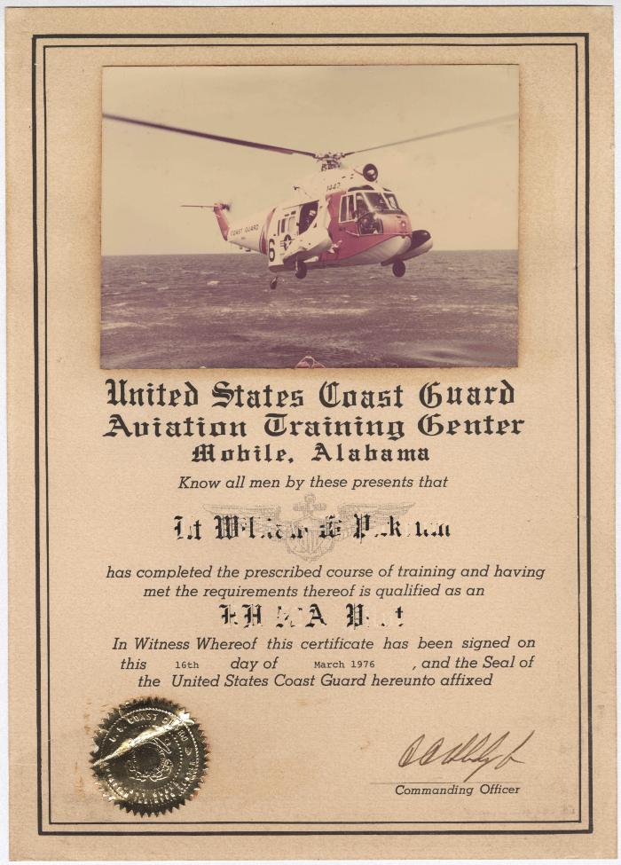 United States Coast Guard Aviation Training Center certificate