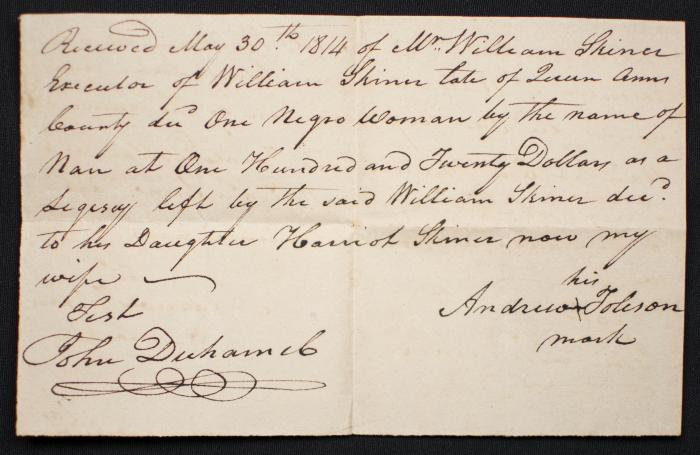 Harriet Skinner's inheriting of an enslaved woman, Nan