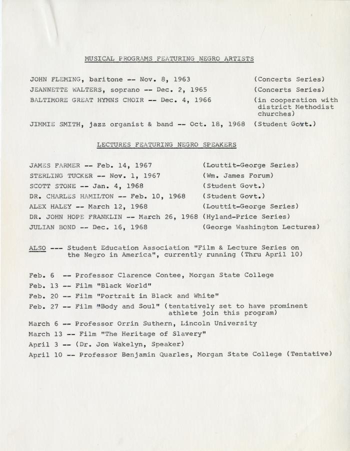 List of Programs and Activities Featuring African Americans