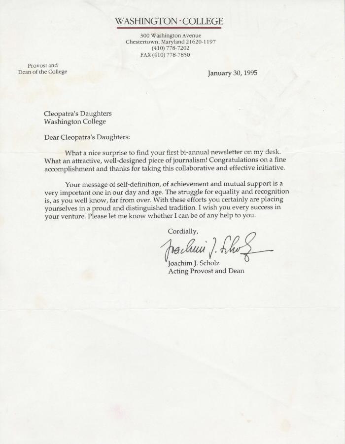 Letter from Joachim J. Scholz to the Cleopatra's Daughters
