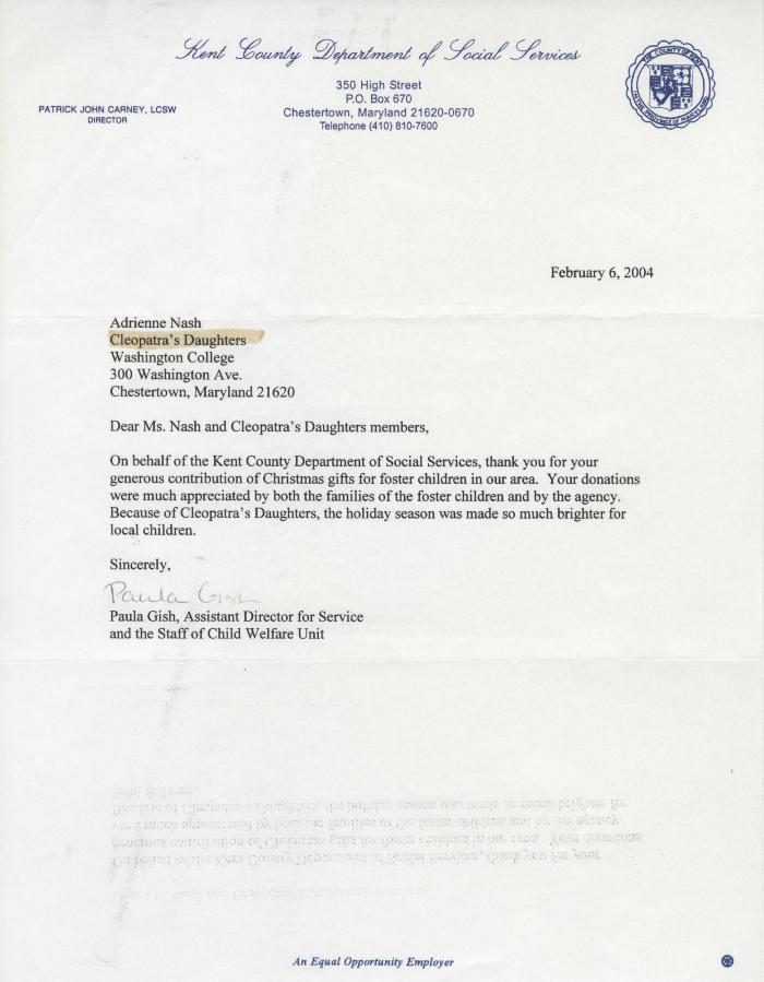 Letter from Kent County Department of Social Services to Cleopatra's Daughters