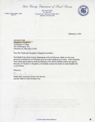 Letter from Kent County Department of Social Services to Cleopatra's Daughters