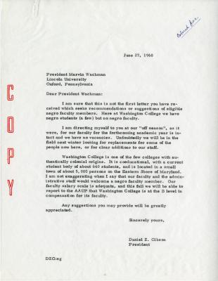 Letter from President Daniel Gibson to President Marvin Wachman