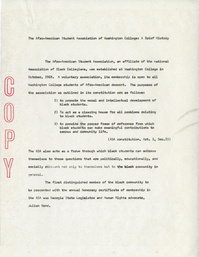 History of the Afro-American Student Association at Washington College