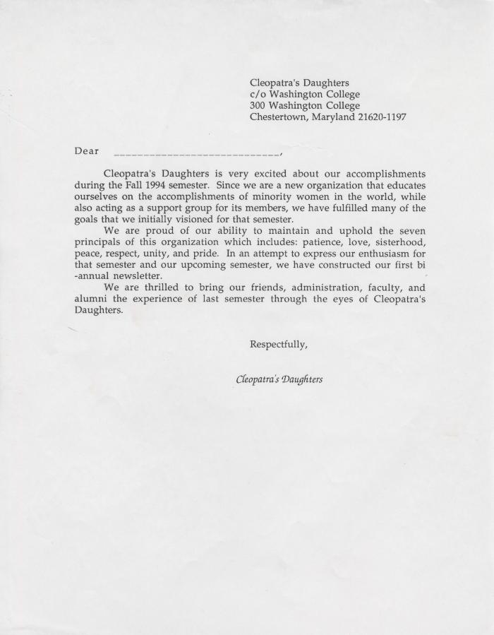 Cleopatra's Daughters form letter