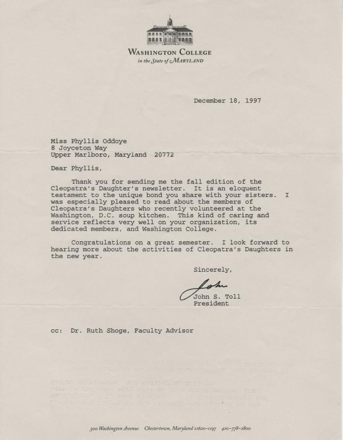 Letter from President John S Toll to Phyllis Oddoye