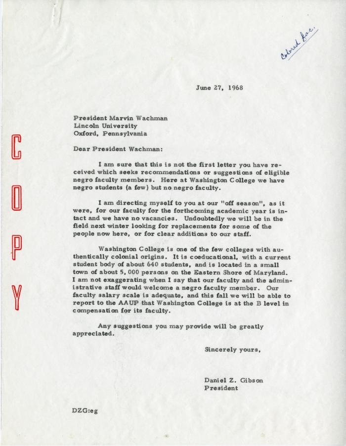 Letter from President Daniel Gibson to President Marvin Wachman