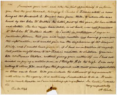Letter from Alphonsa Blake to their lawyer Joseph Wickes