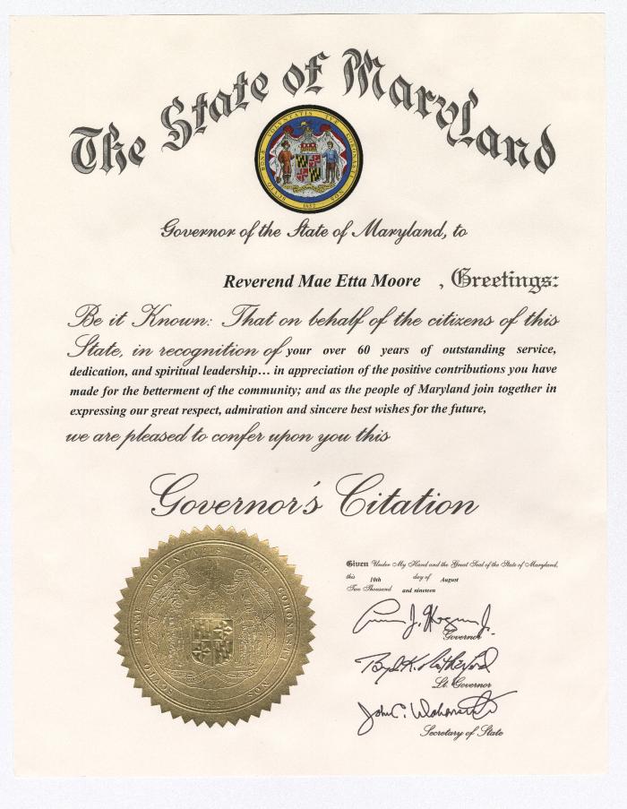 State of Maryland governor's citation, 60 years of dedication