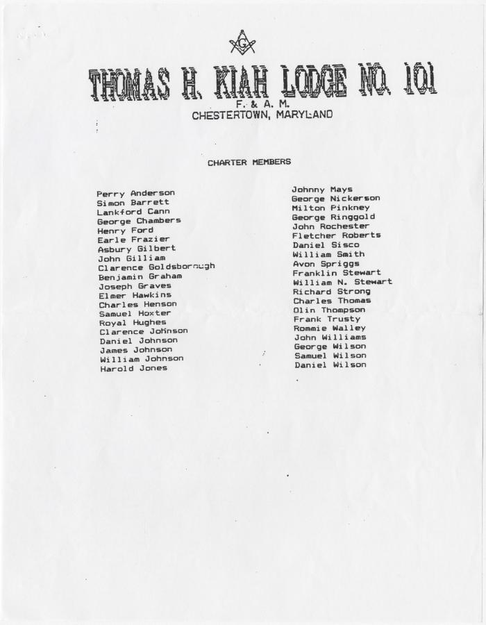 Thomas H. Kiah Lodge No. 101 charter members list

