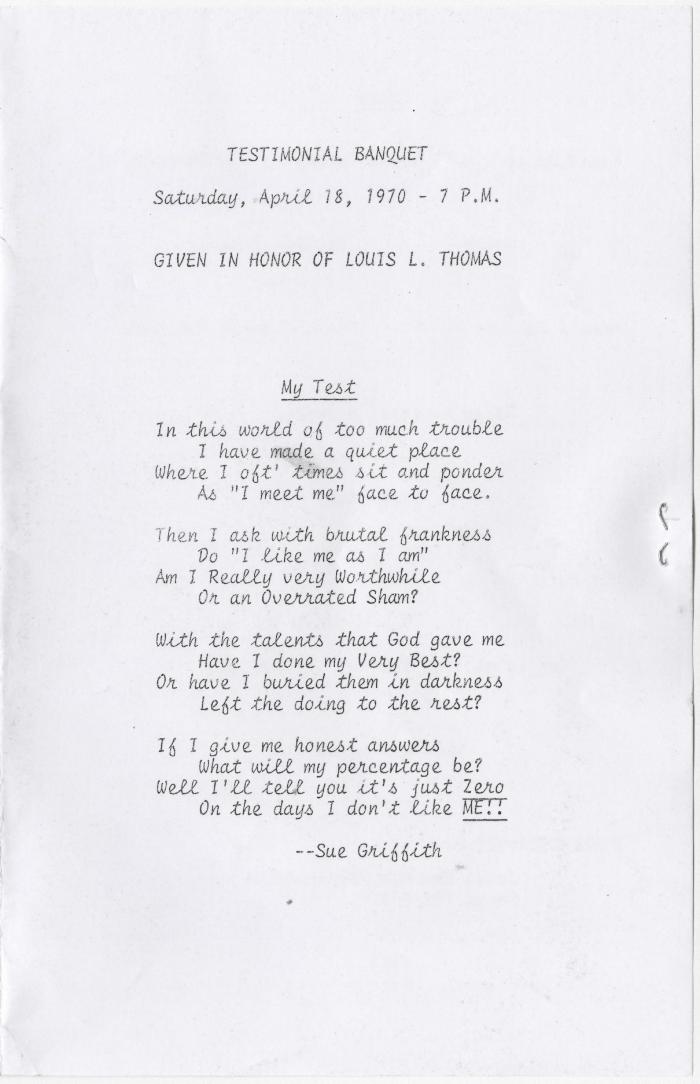 Program for the testimonial banquet in honor of Louis L. Thomas