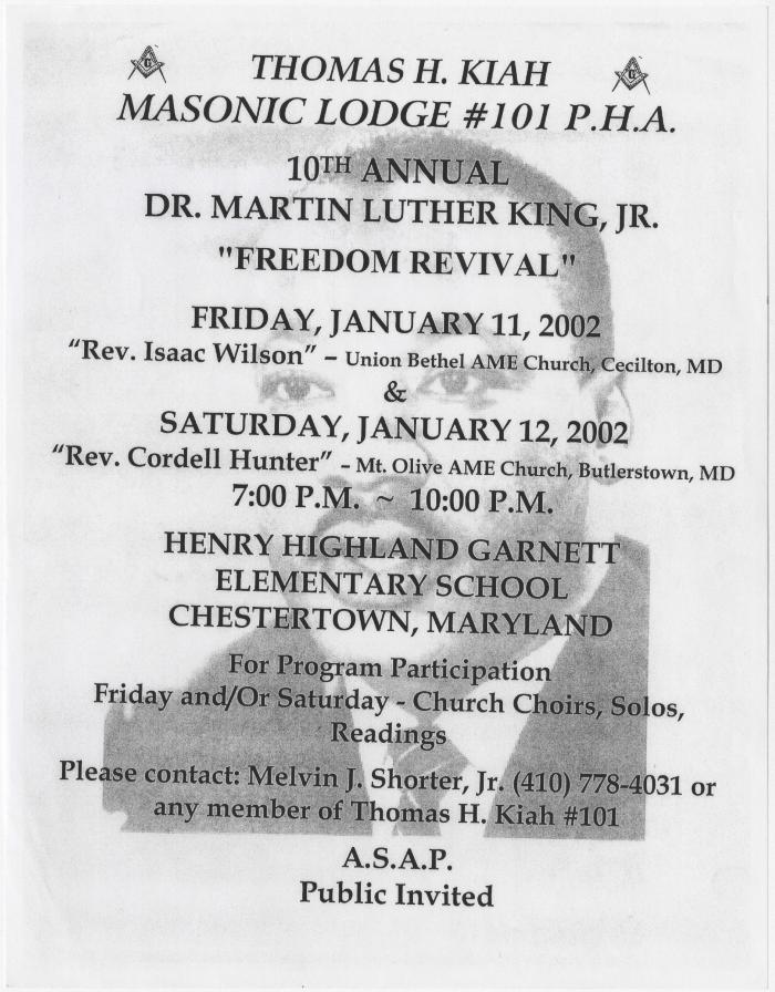 Flier to the 10th annual Dr. Martin Luther King, Jr. “freedom revival” 
