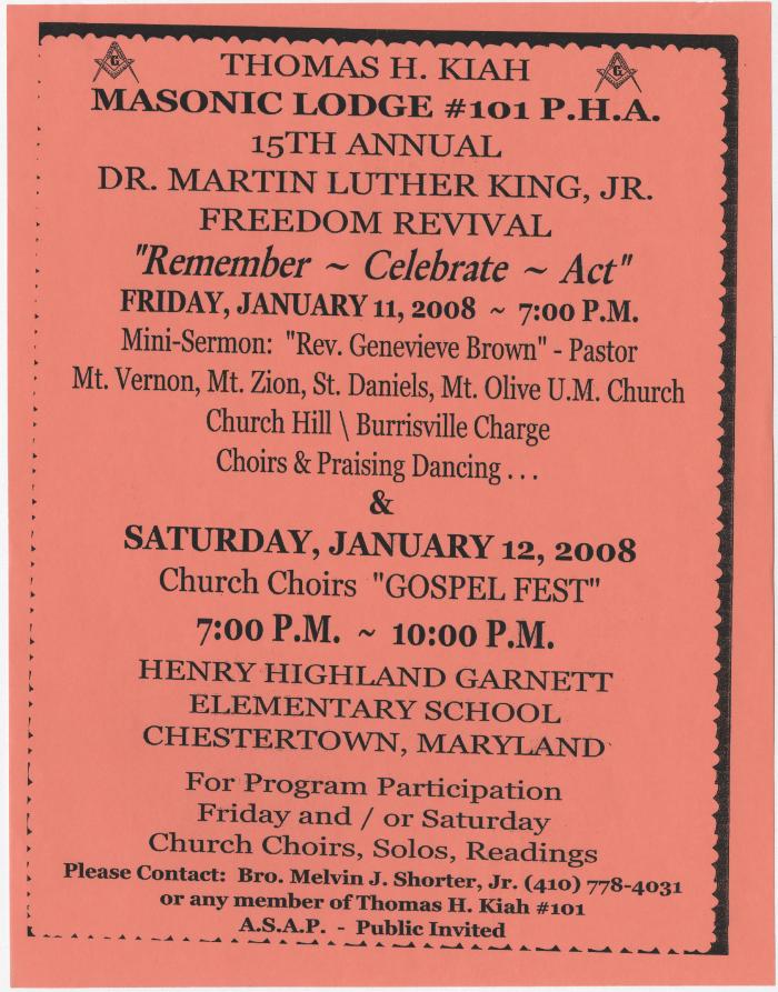 Flier for the 15th annual Dr. Martin Luther King, Jr. freedom revival event
