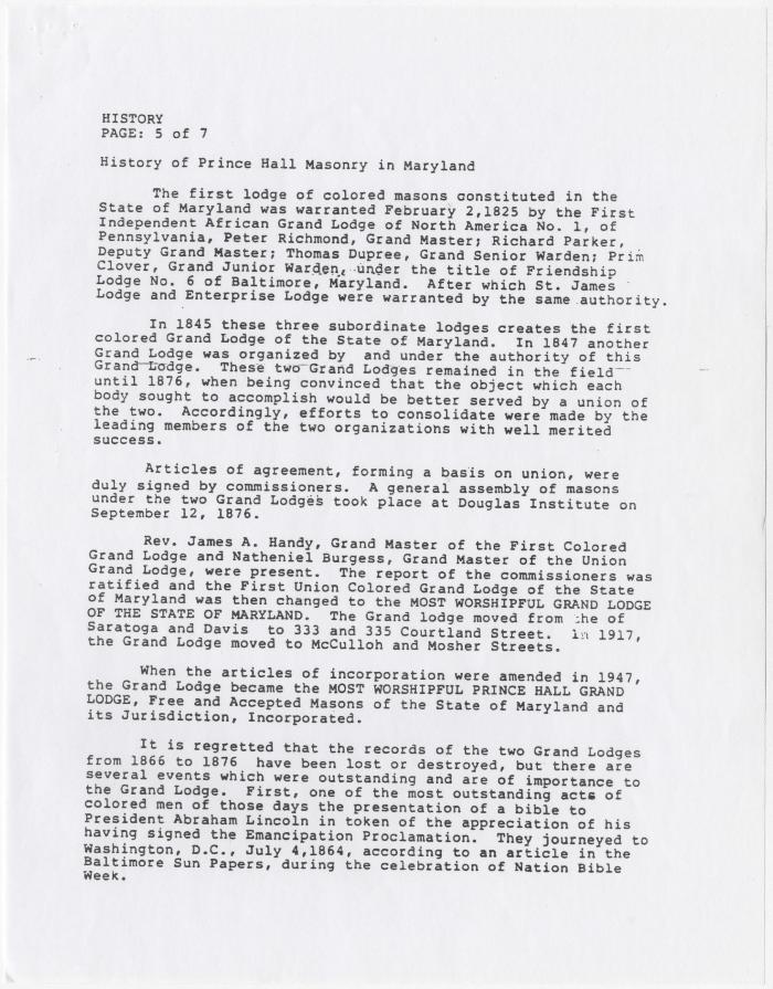 "History of Prince Hall Masonry in Maryland"