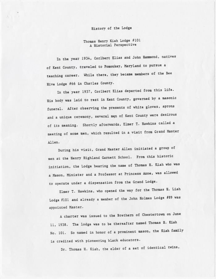 "History of the Lodge: Thomas Henry Kiah Lodge #101; A Historical Perspective"