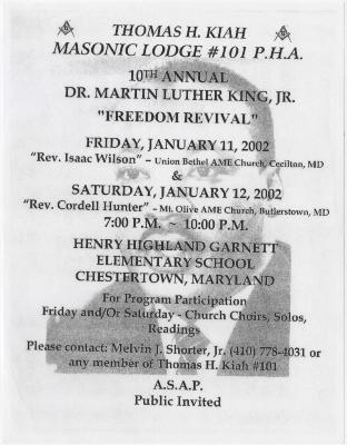 Flier to the 10th annual Dr. Martin Luther King, Jr. “freedom revival” 
