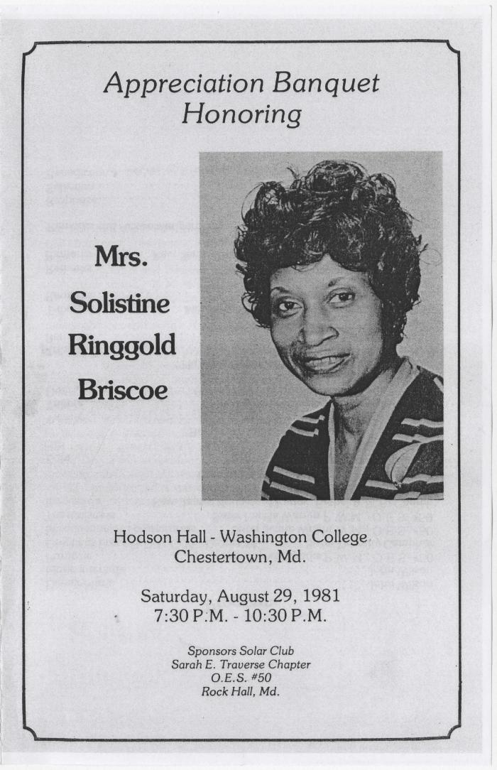Program for banquet honoring Solistine Ringgold Briscoe