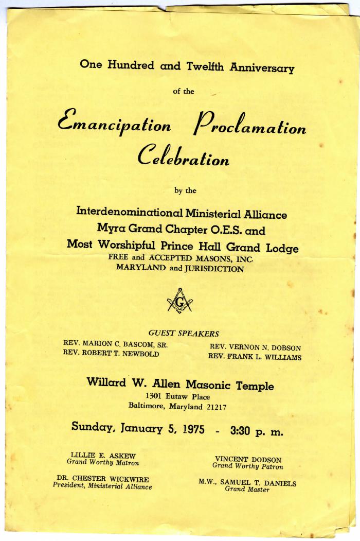 Program for the Order of Eastern Star’s one hundred and twelth anniversary of the Emancipation Proclamation celebration