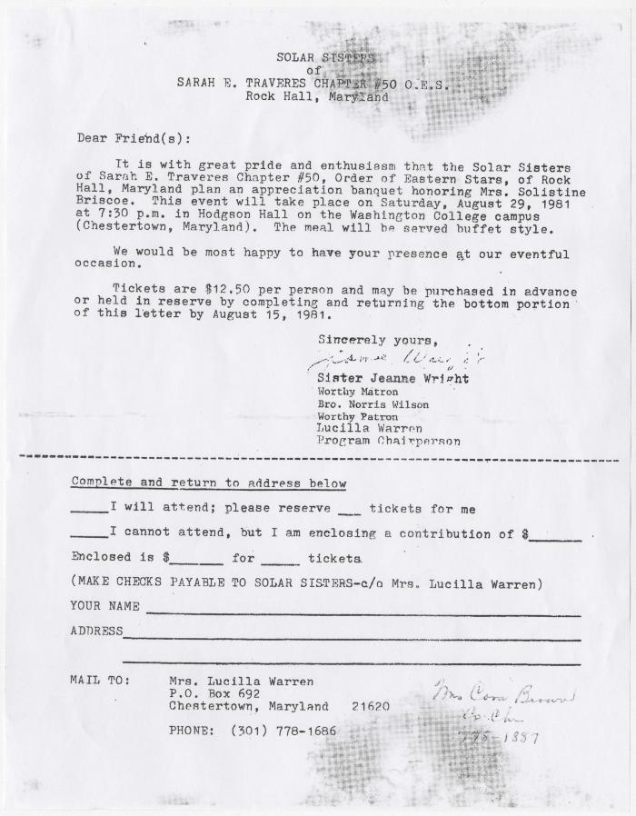 Letter to the Solar Sisters of the Order of Eastern Stars advertising banquet honoring Solsitne Briscoe