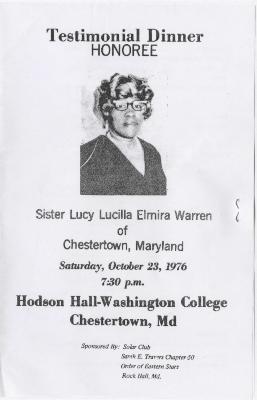 Program for the testimonial dinner in honor of Lucy Lucilla Elmira Warren