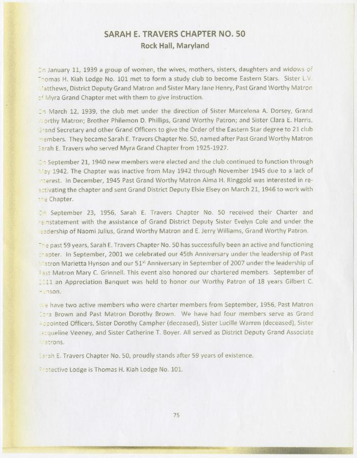 59th anniversary history of the Sarah E. Travers Chapter No. 50 of the Order of Eastern Stars