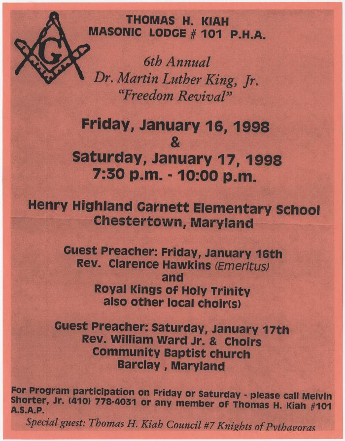 Flier to the 6th annual Dr. Martin Luther King, Jr. “freedom revival” event
