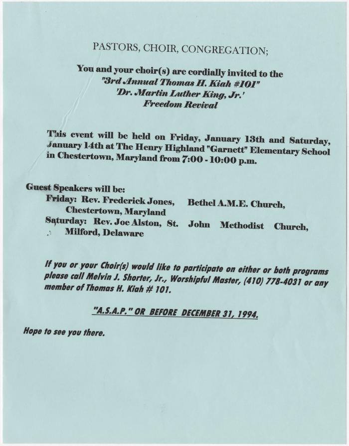 Flier for the 3rd Annual Thomas H. Kiah #101 Dr. Martin Luther King, Jr. Freedom Revival
