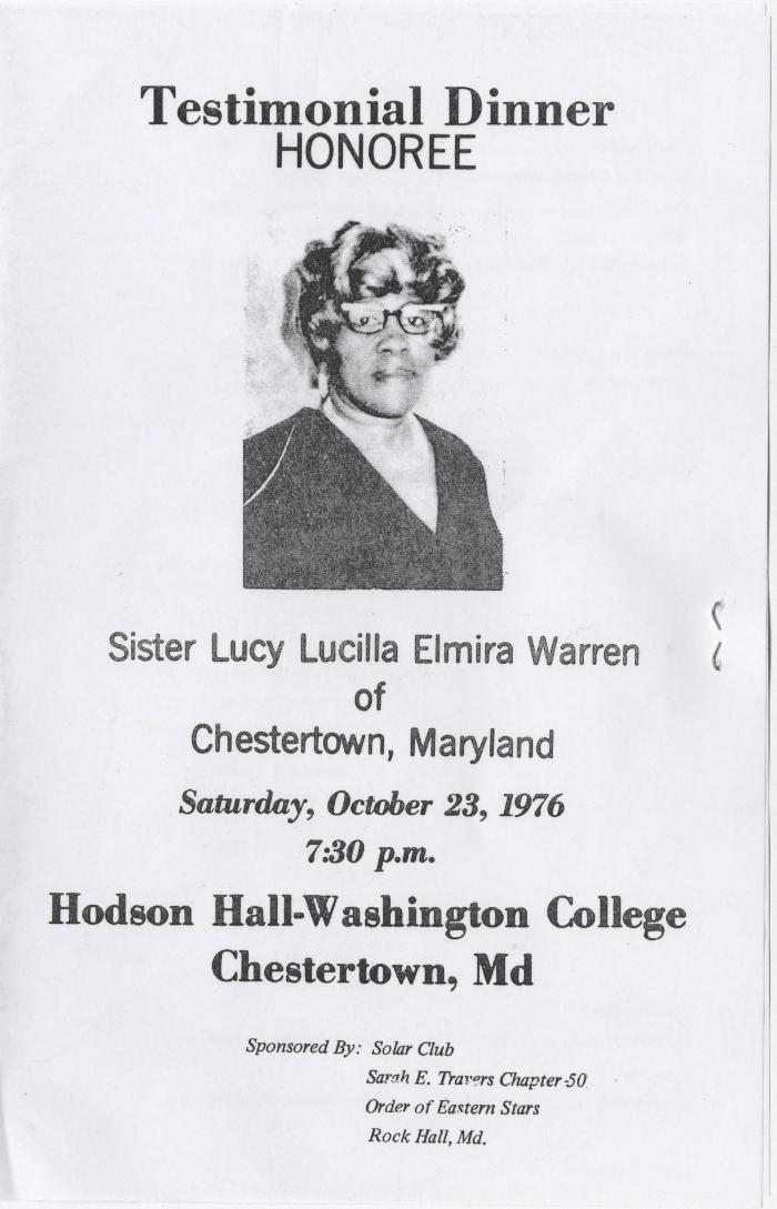 Program for the testimonial dinner in honor of Lucy Lucilla Elmira Warren