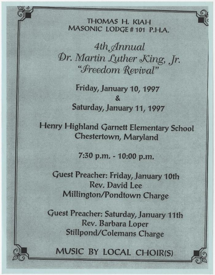 Flier for the 4th annual Dr. Martin Luther King, Jr. “freedom revival” event