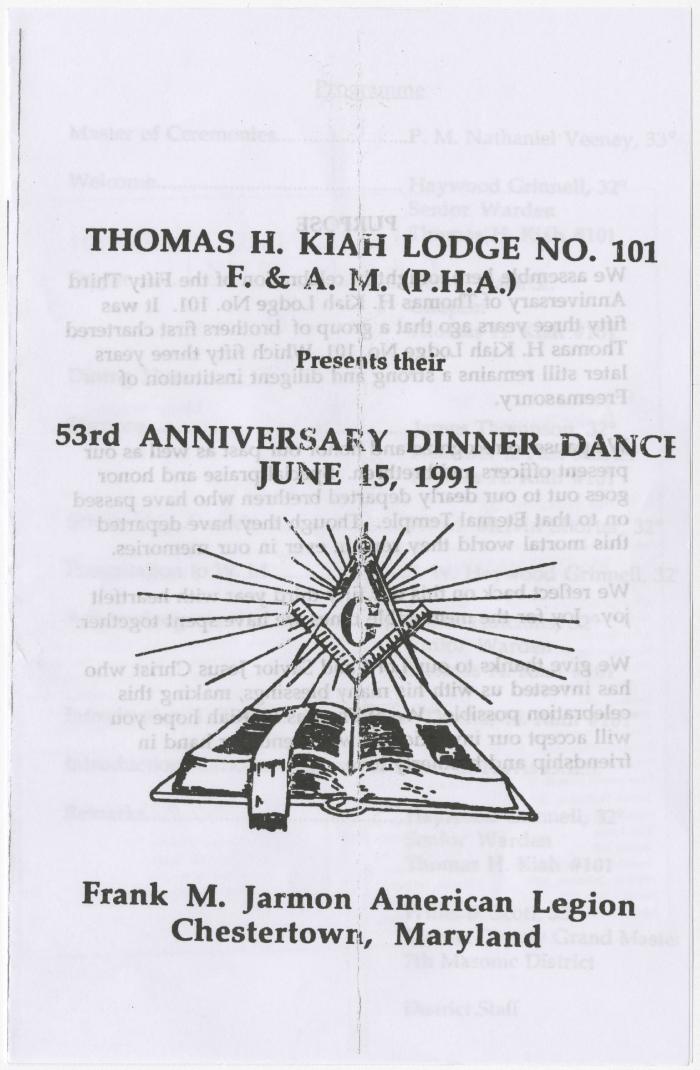 Program for the Thomas H. Kiah Lodge No. 101's 53rd anniversary dinner dance