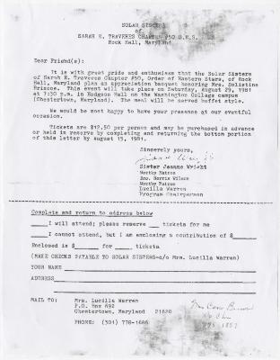 Letter to the Solar Sisters of the Order of Eastern Stars advertising banquet honoring Solsitne Briscoe
