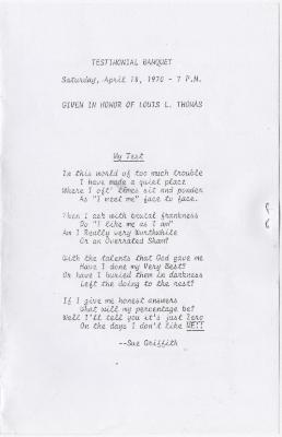 Program for the testimonial banquet in honor of Louis L. Thomas