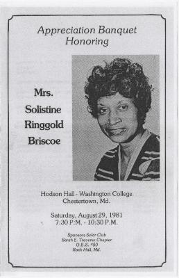 Program for banquet honoring Solistine Ringgold Briscoe