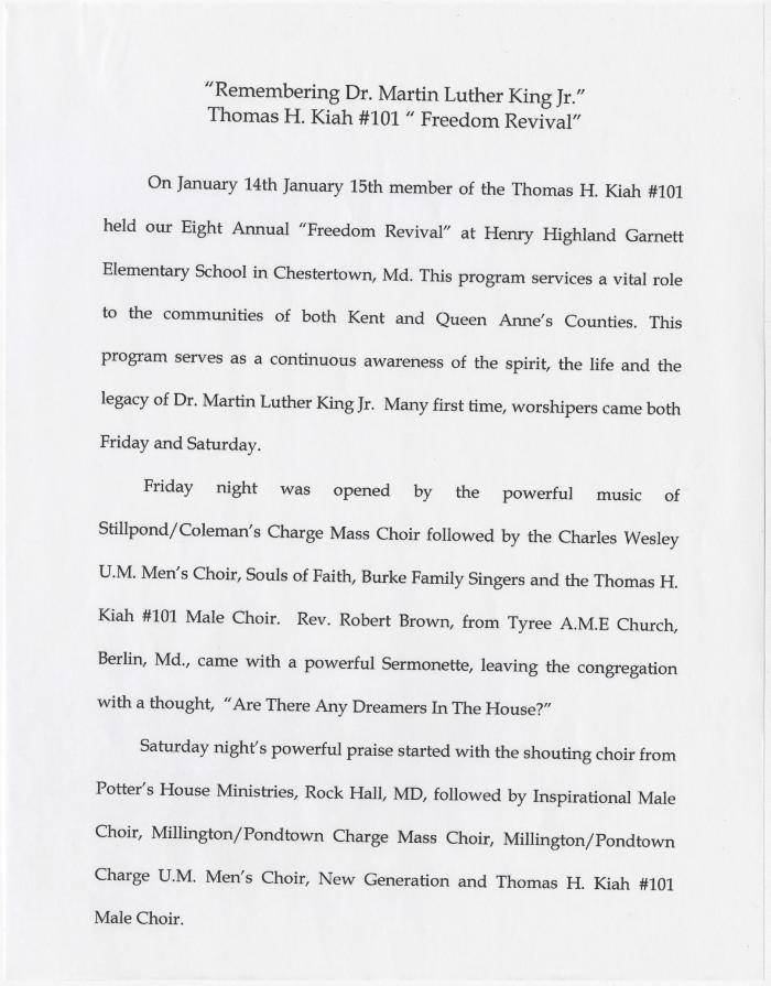 "Remembering Dr. Martin Luther King Jr.'' Thomas H. Kiah #101  "freedom revival"