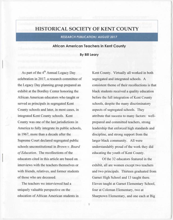 African American Teachers in Kent County.