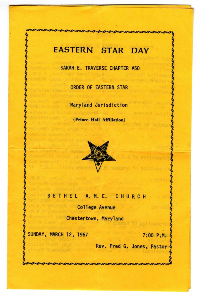 Program for the Eastern Star Day church service at the Bethel A.M.E Church