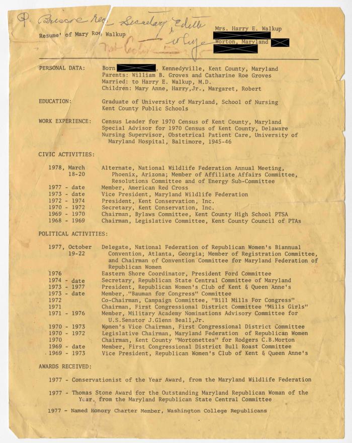 Resume of Mary Roe Walkup