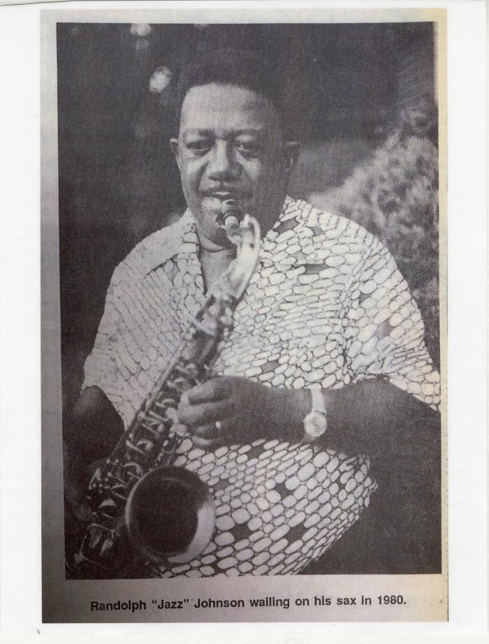 Kent County News Paper clipping of Randolph "Jazz" Johnson wailing on his sax in 1980